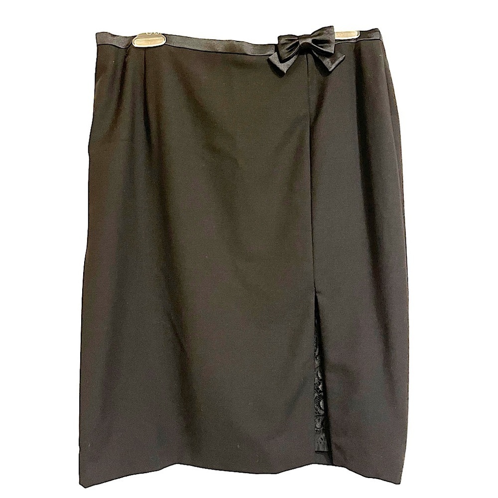 Escada Black Wool Pencil Skirt Bow Lace Evening Slit Event Cocktail Sz 42 or 10